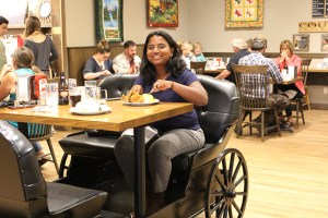 Petula sitting in the Buggy Booth at Anna Mae's restuarant in Millbank, ON